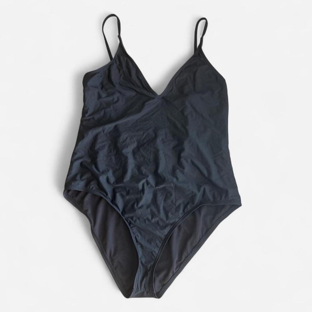 Black one piece swimsuit with criss cross open back